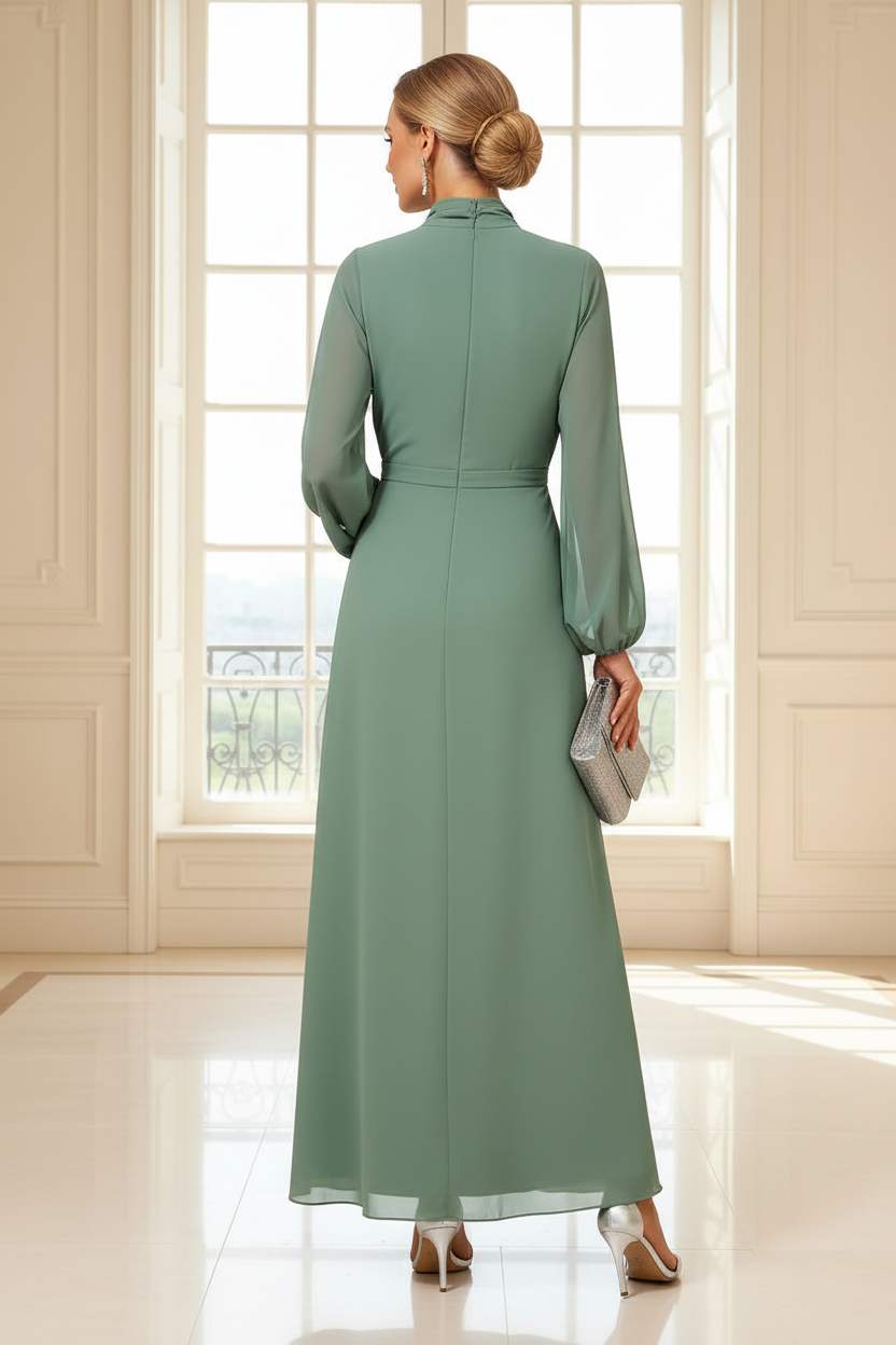 High Neck Long Sleeve Chiffon A-Line Dress
