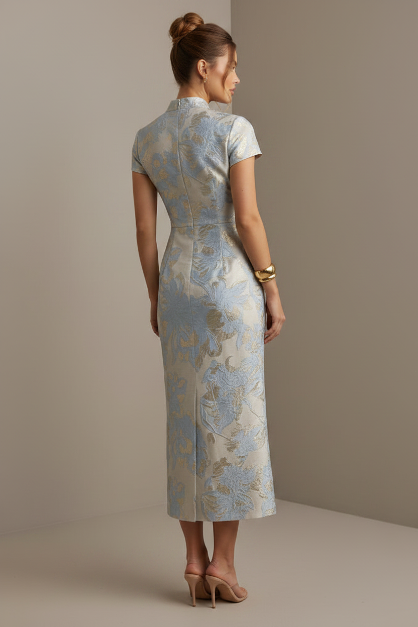 Jacquard Wrap Midi Dress with Cap Sleeves