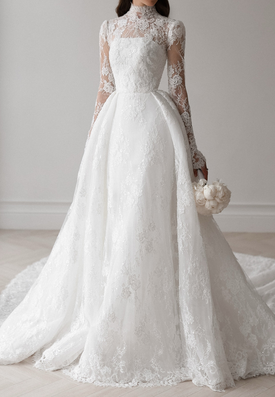 High-Neck Lace Long-Sleeve Ball Gown Wedding Dress