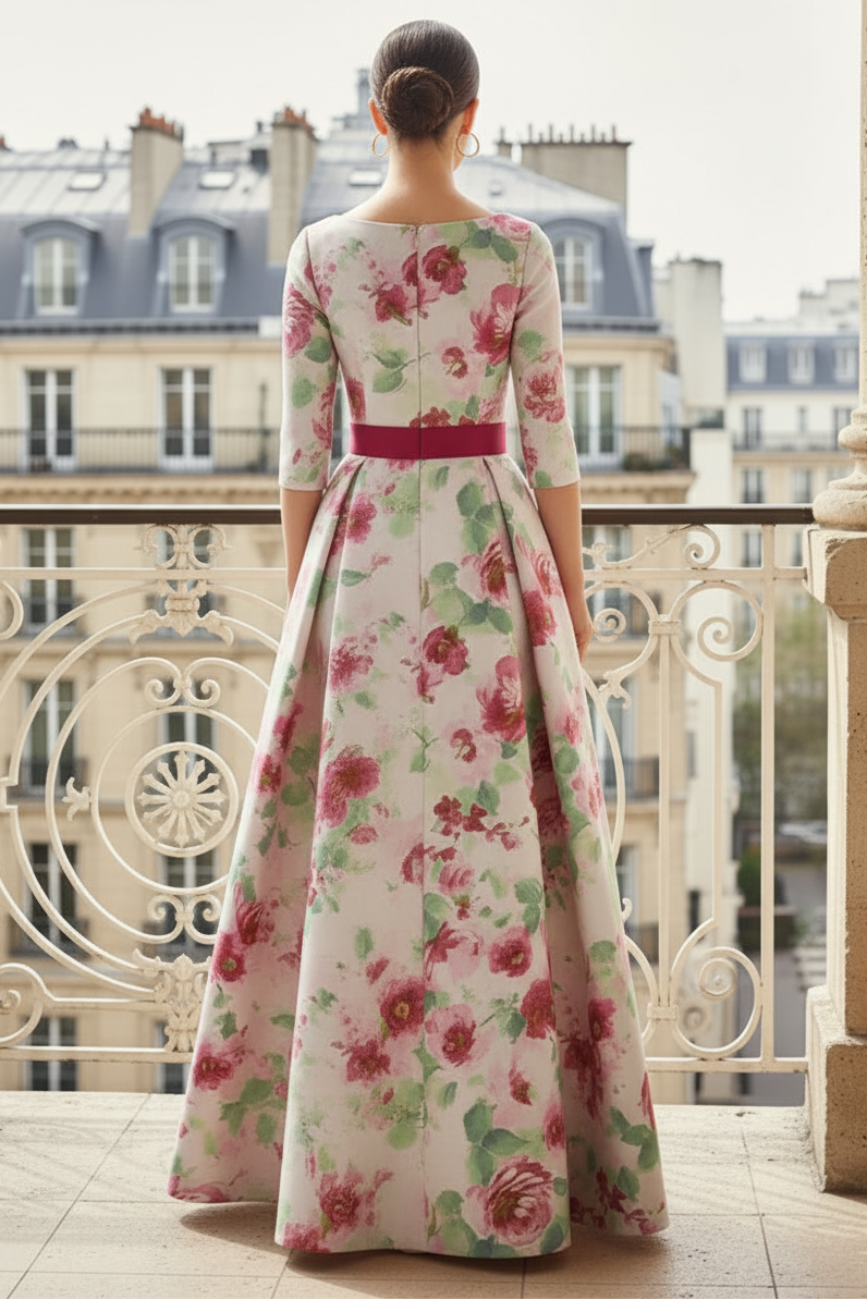 Elegant Floral A-Line Maxi Dress with Bow Sash