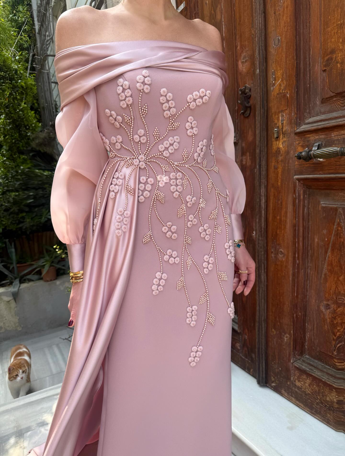 Off-the-Shoulder Pearl Embroidered Evening Gown