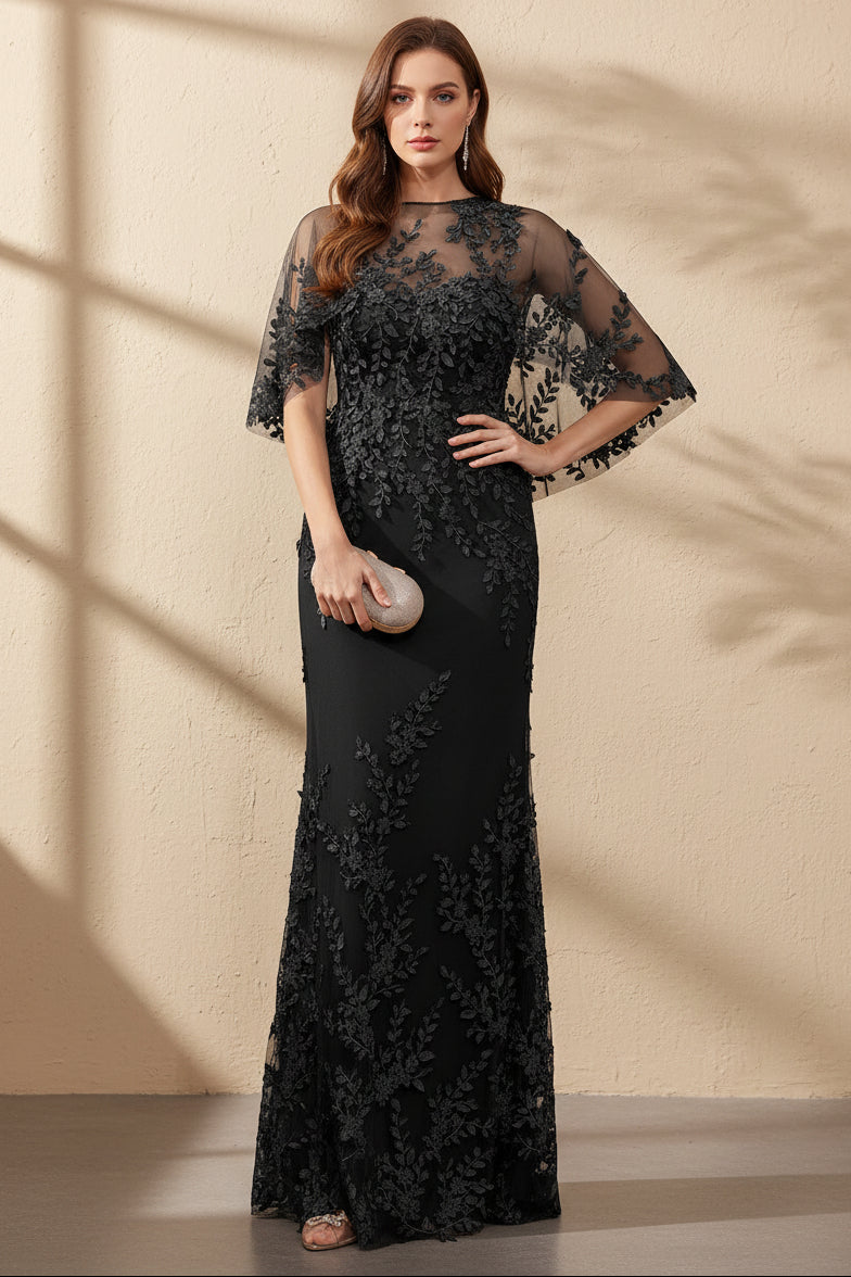 Embroidered Lace Column Evening Dress with Cape