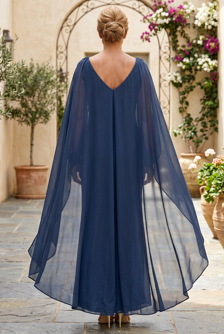 Chiffon Cape Sleeve Evening Dress with 3D Flower