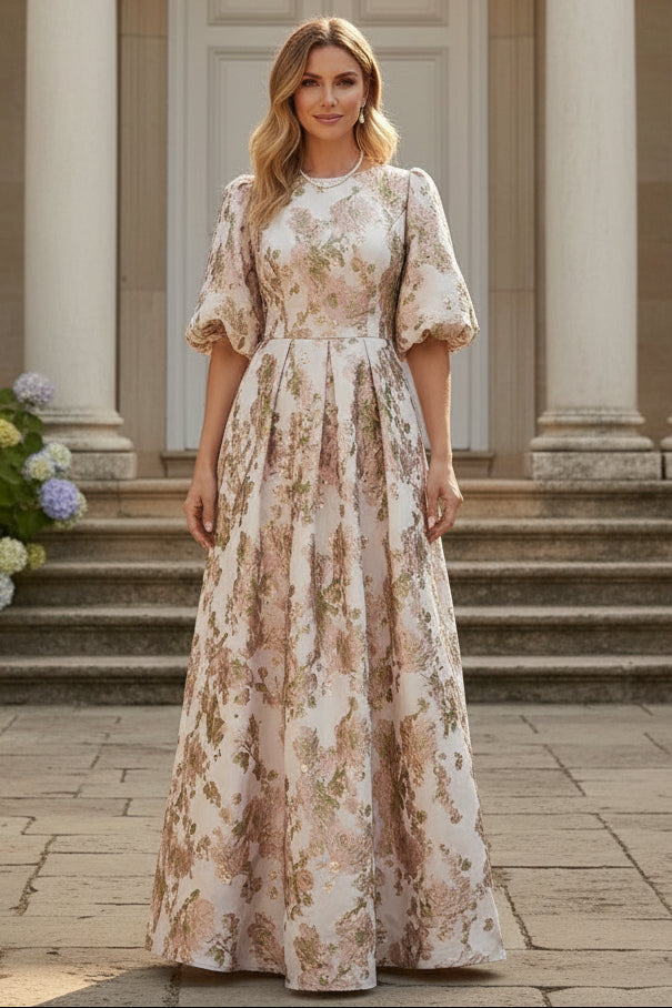 A-Line Pleated Jacquard Maxi Dress with Elbow Sleeves