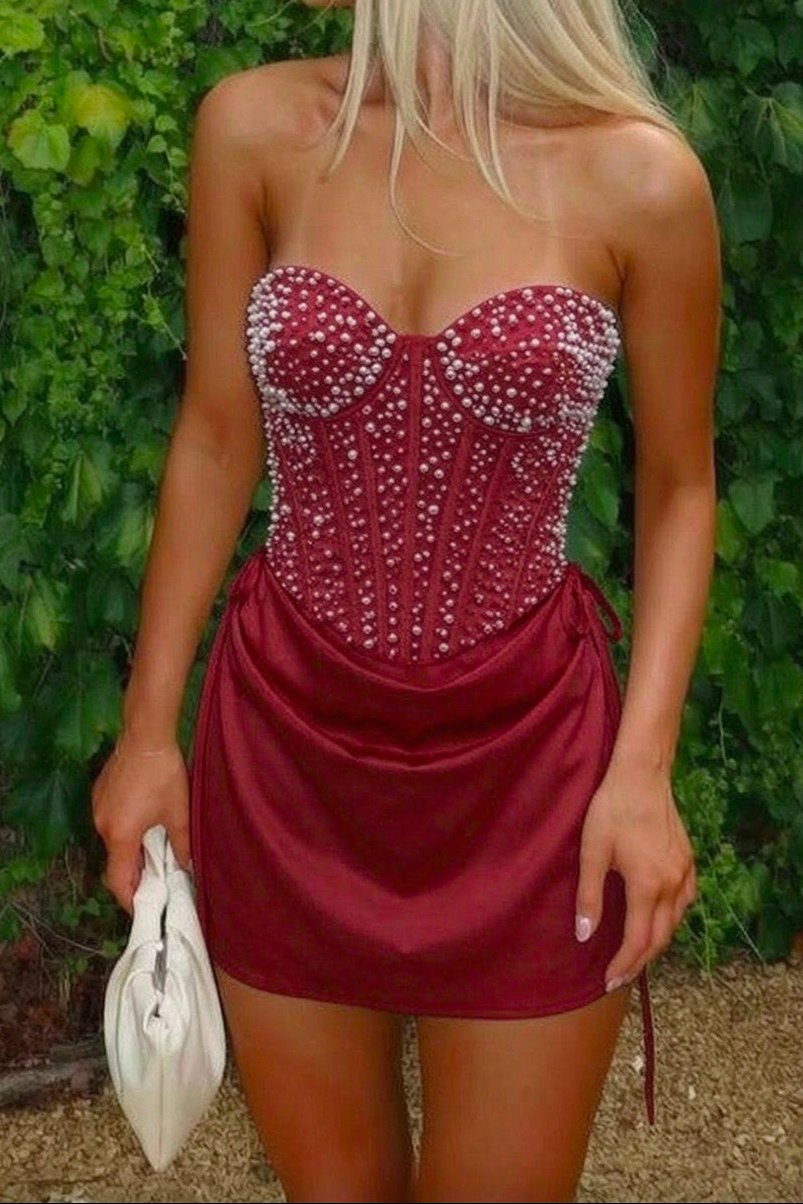 Pearl-Embellished Corset Mini Dress