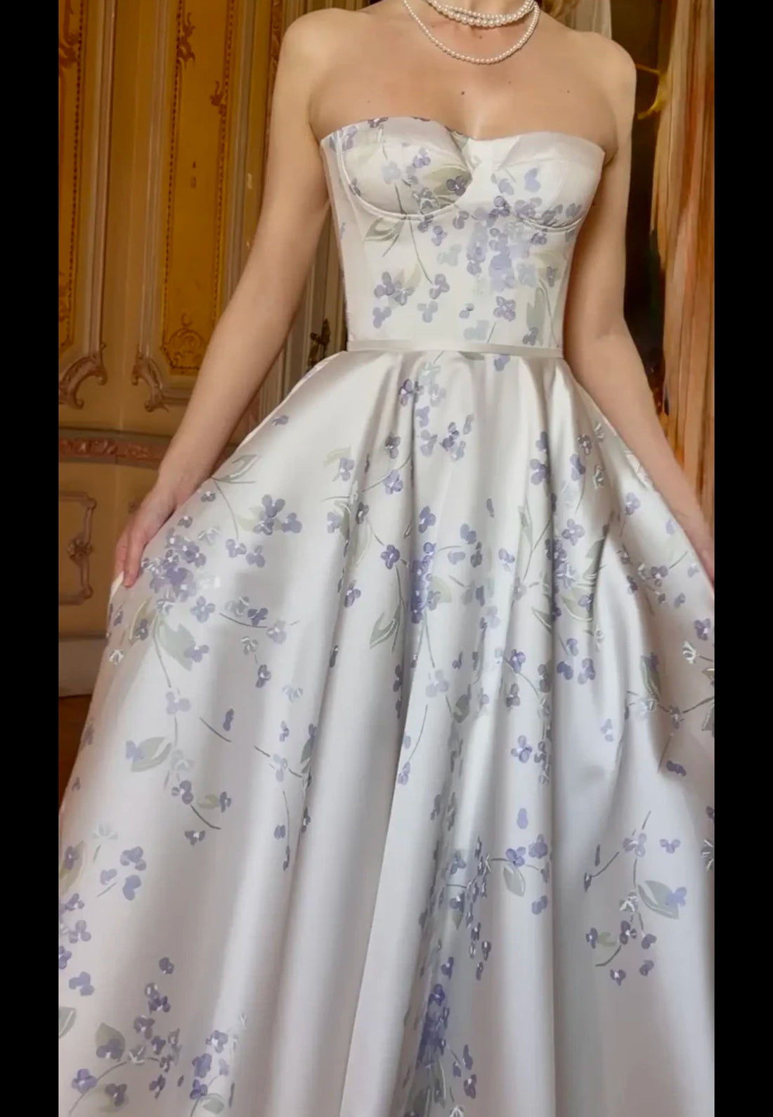 Floral Print Strapless Corset Ball Gown