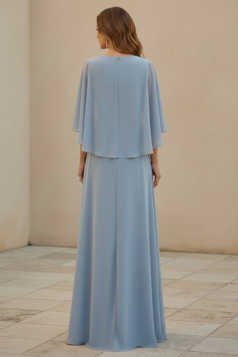 Pleated Chiffon Cape Sleeve Evening Dress