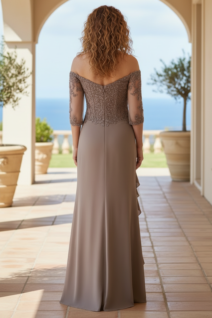 Beaded Off-Shoulder Gown with Side Ruffle Drape