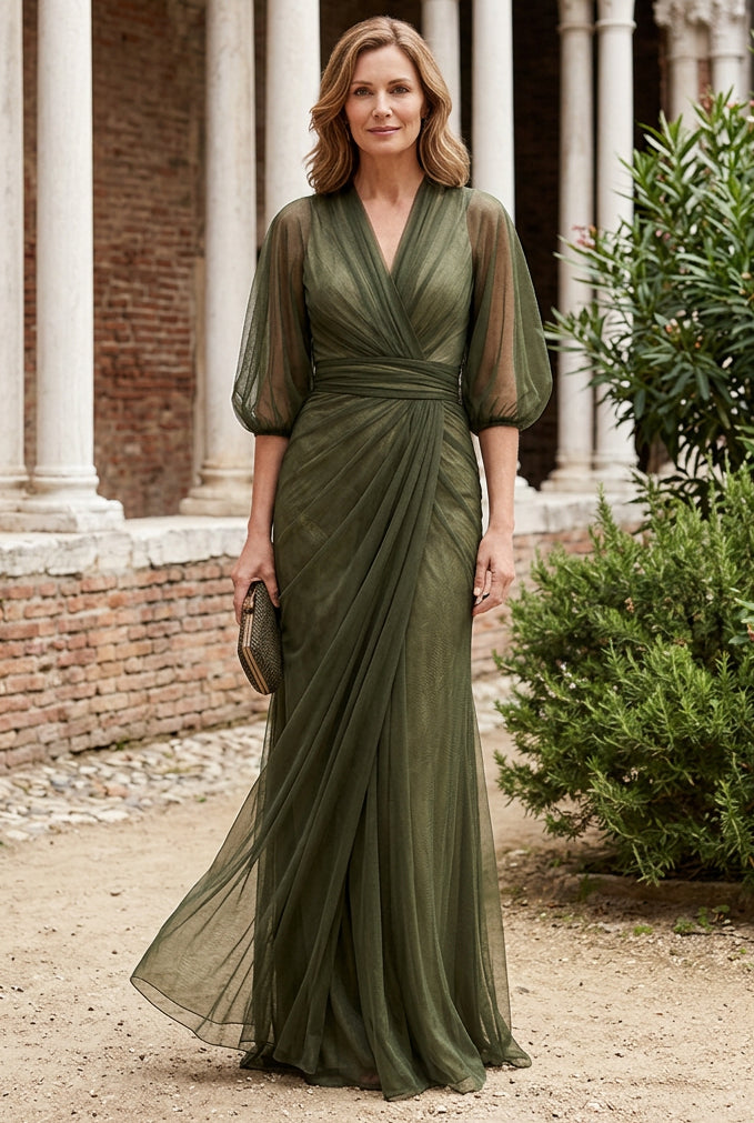 Tulle A-Line Evening Gown with Sheer Puff Sleeves