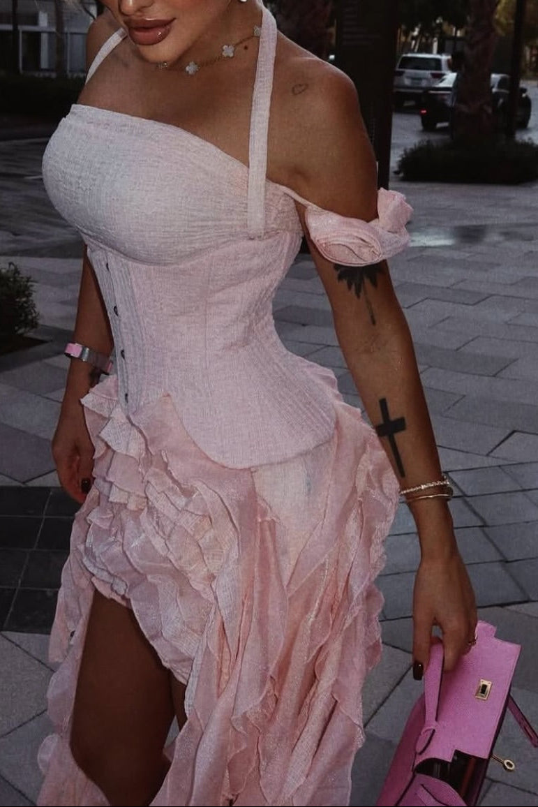 Asymmetrical Ruffled Corset Halter Dress