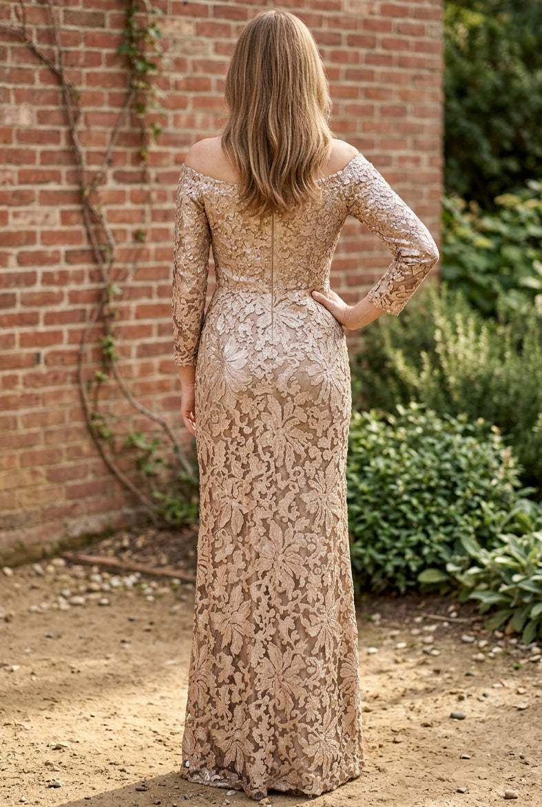 Off-the-Shoulder Floral Lace Evening Gown