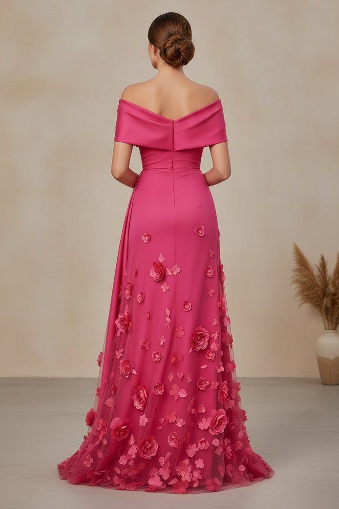 Off-the-Shoulder 3D Floral A-Line Gown