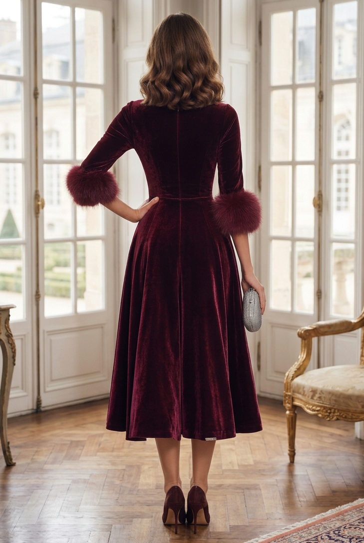 Velvet Midi A-Line Dress with Faux Fur Cuffs