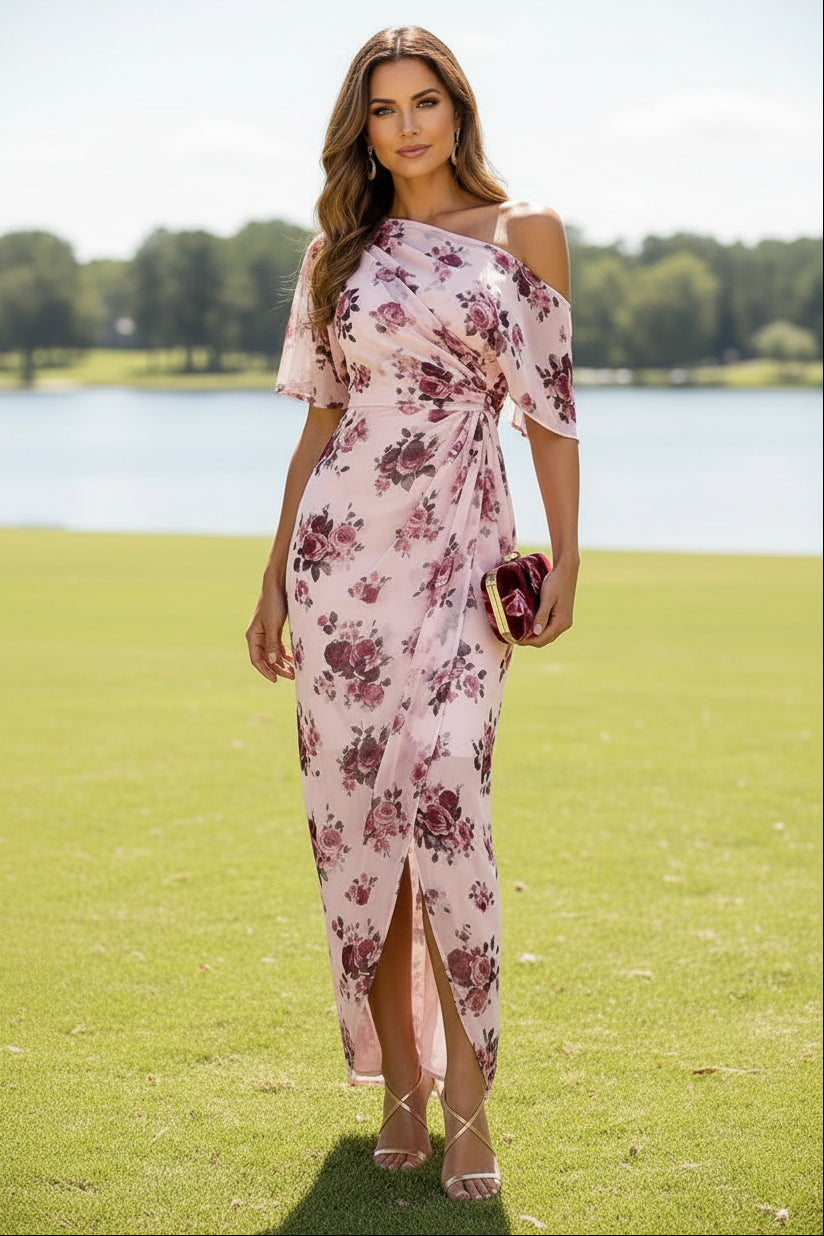 Asymmetrical One-Shoulder Floral Wrap Maxi Dress