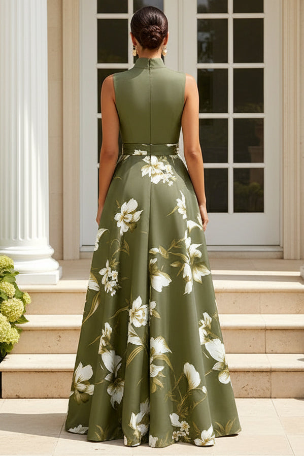 High-Neck Sleeveless Floral Print A-Line Maxi Dress