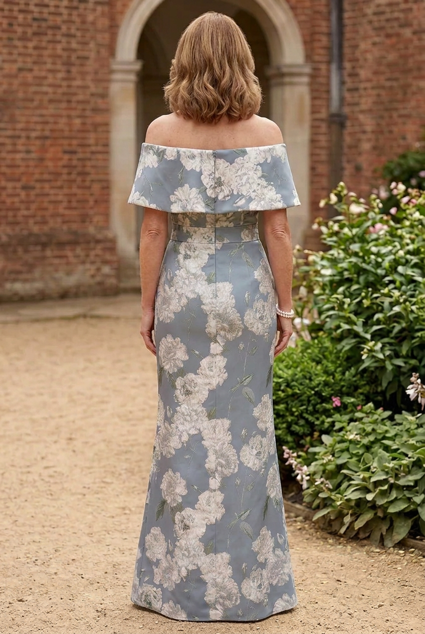 Floral Off-the-Shoulder Column Gown with Sash