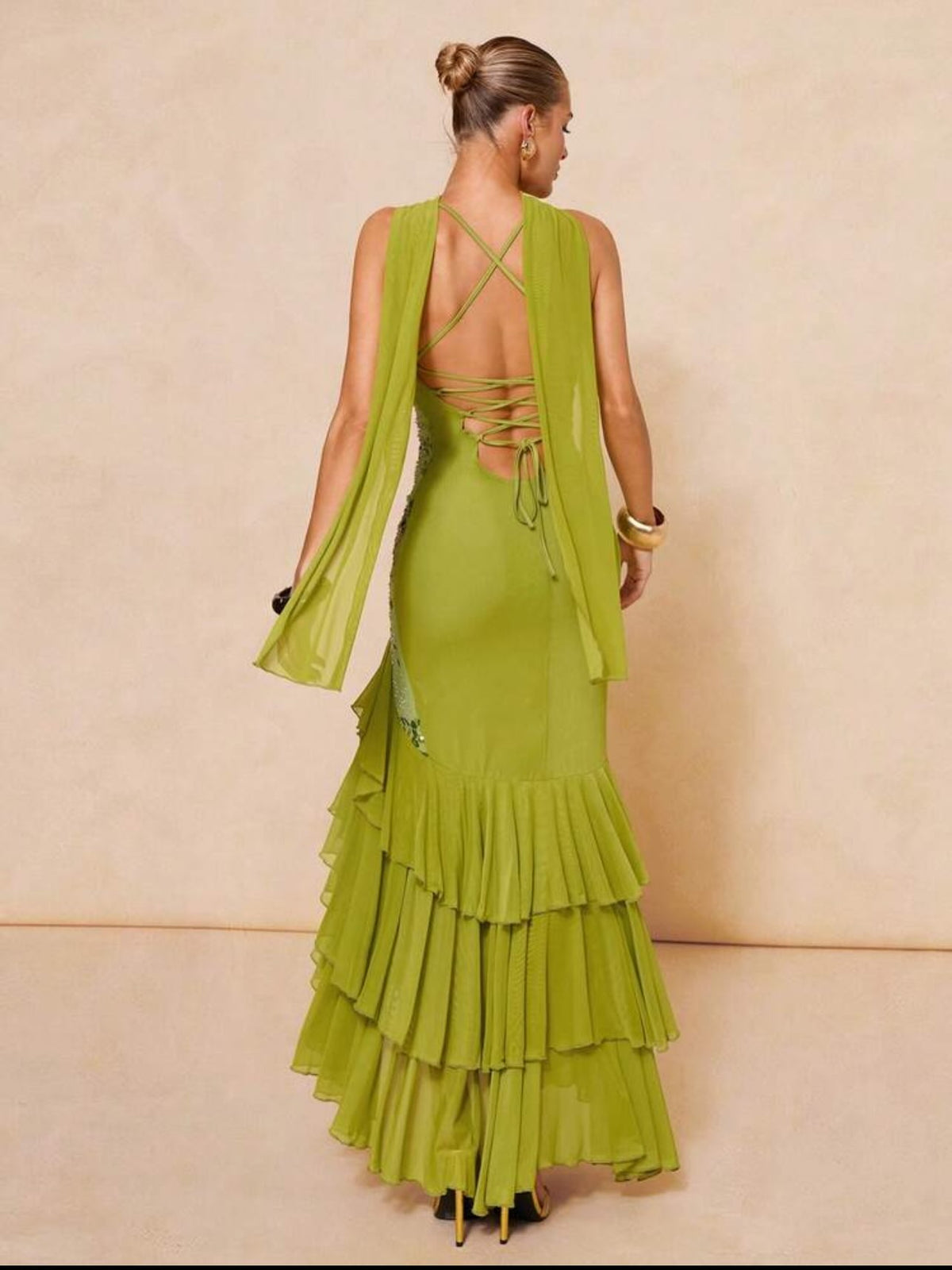 Sequin Embellished Lace-Up Tiered Ruffle Dress