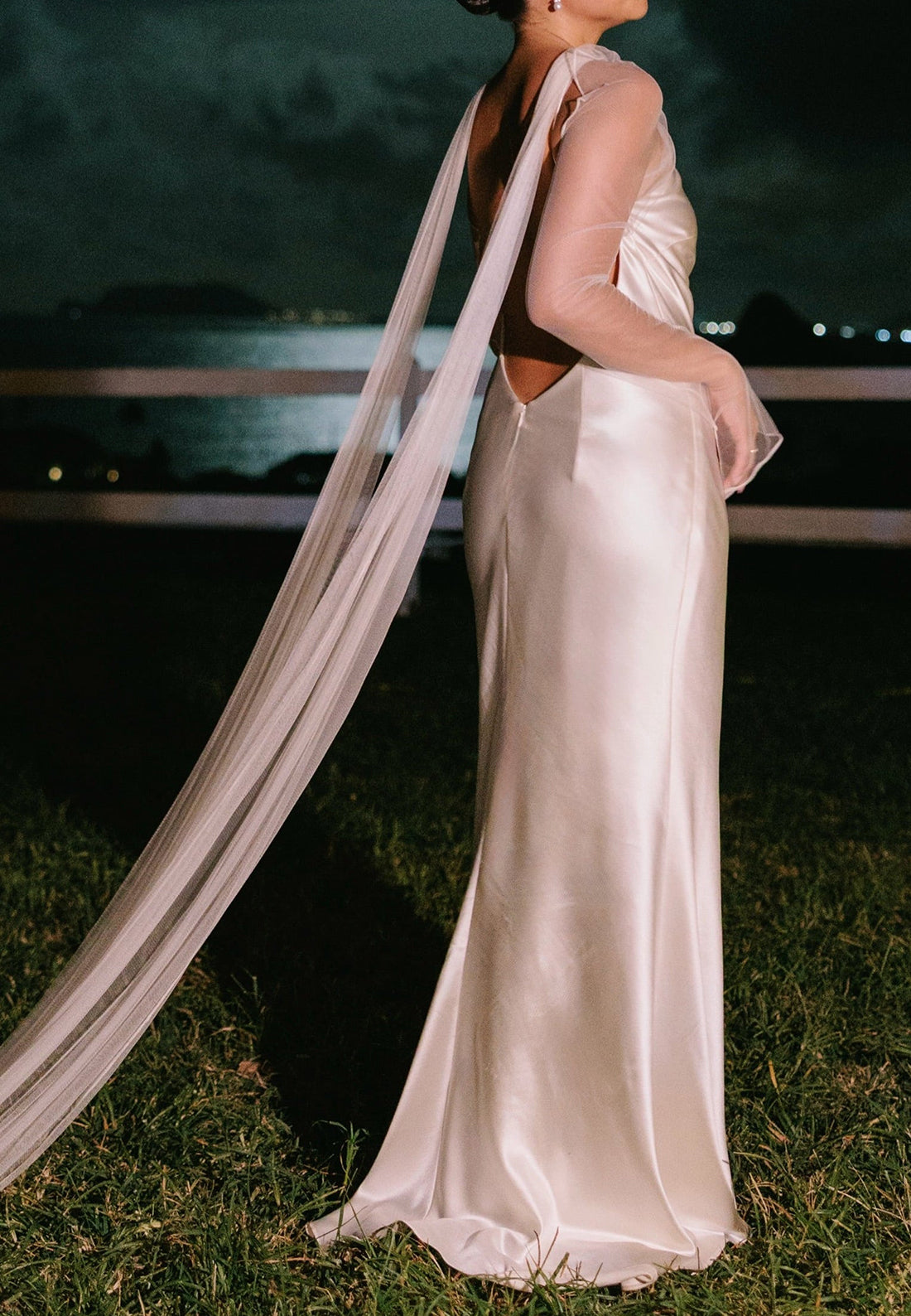Satin Slip Wedding Dress with Sheer Cape Sleeves