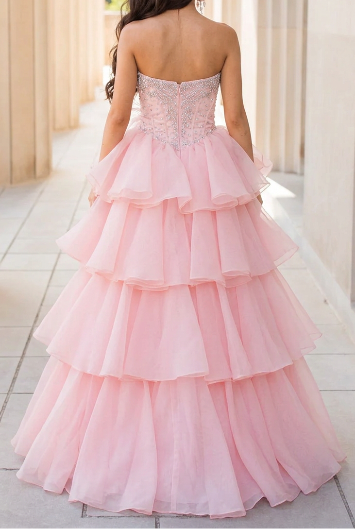 Strapless Tiered Ball Gown with Embellished Bodice