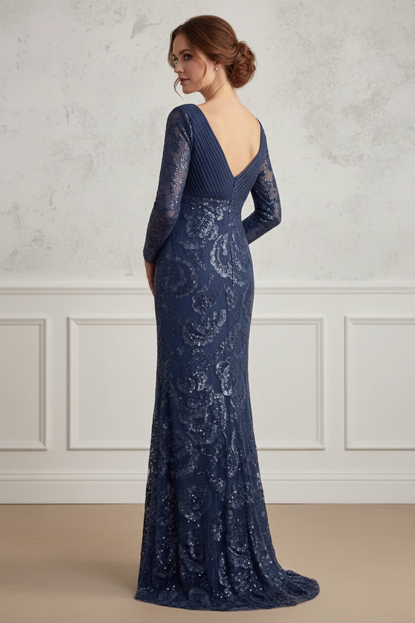 Long Sleeve V-Neck Sequin Evening Gown