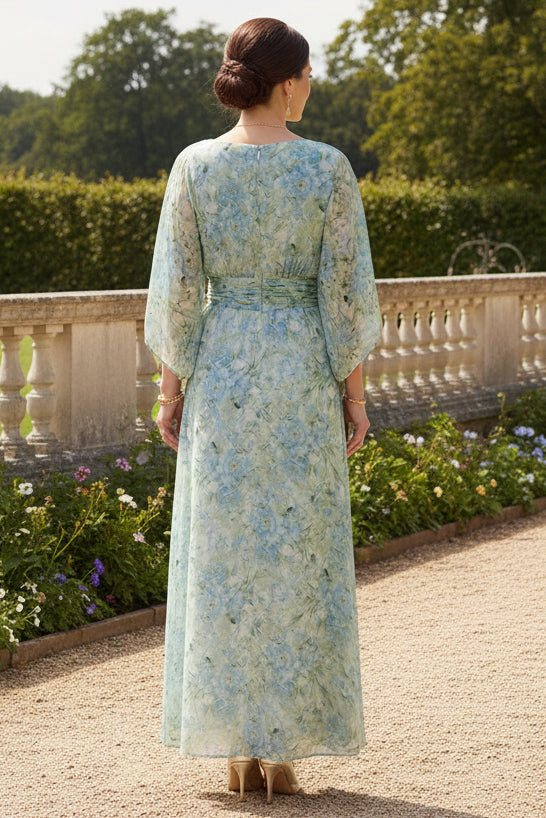 Floral Chiffon A-Line Dress with Flutter Sleeves