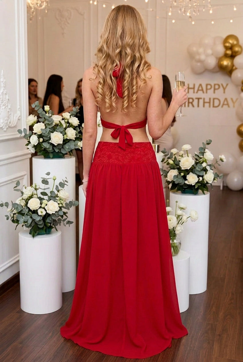 Halter Cut-Out Maxi Dress with Lace Waistband