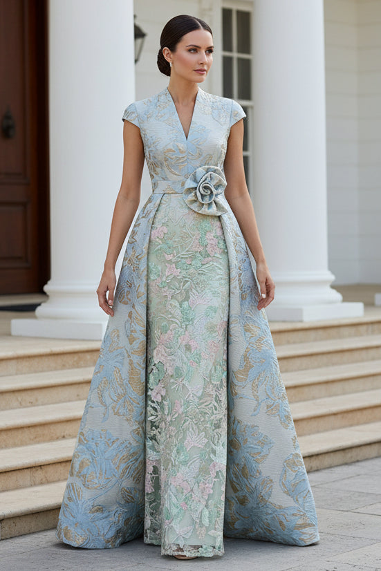 Floral Jacquard and Lace Gown with Overskirt