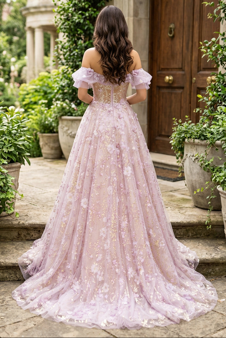 Floral Applique Off-the-Shoulder Ball Gown