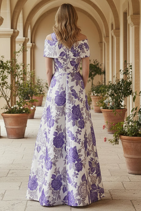 Floral Jacquard A-Line Gown with Bow Neckline