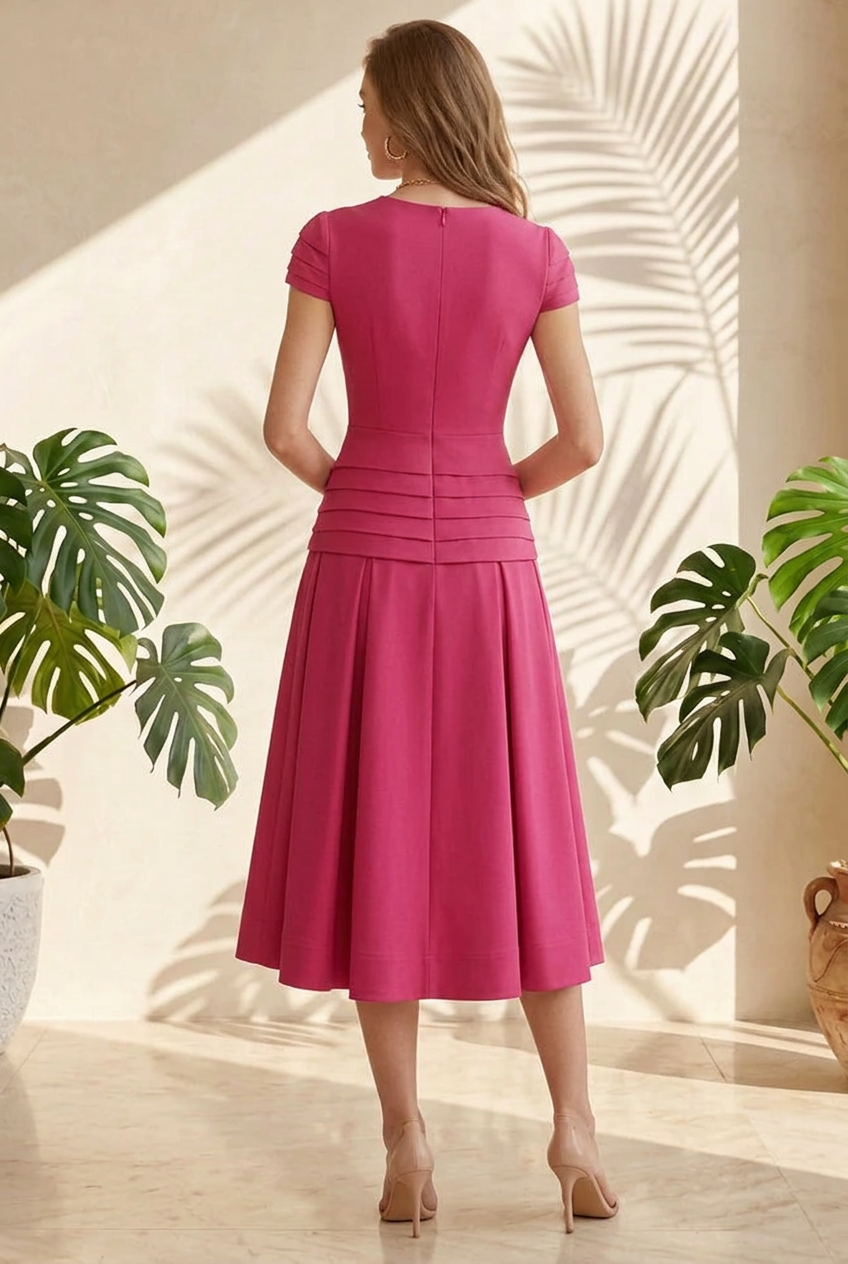 Tiered Waist Pleated Midi Dress with Cap Sleeves