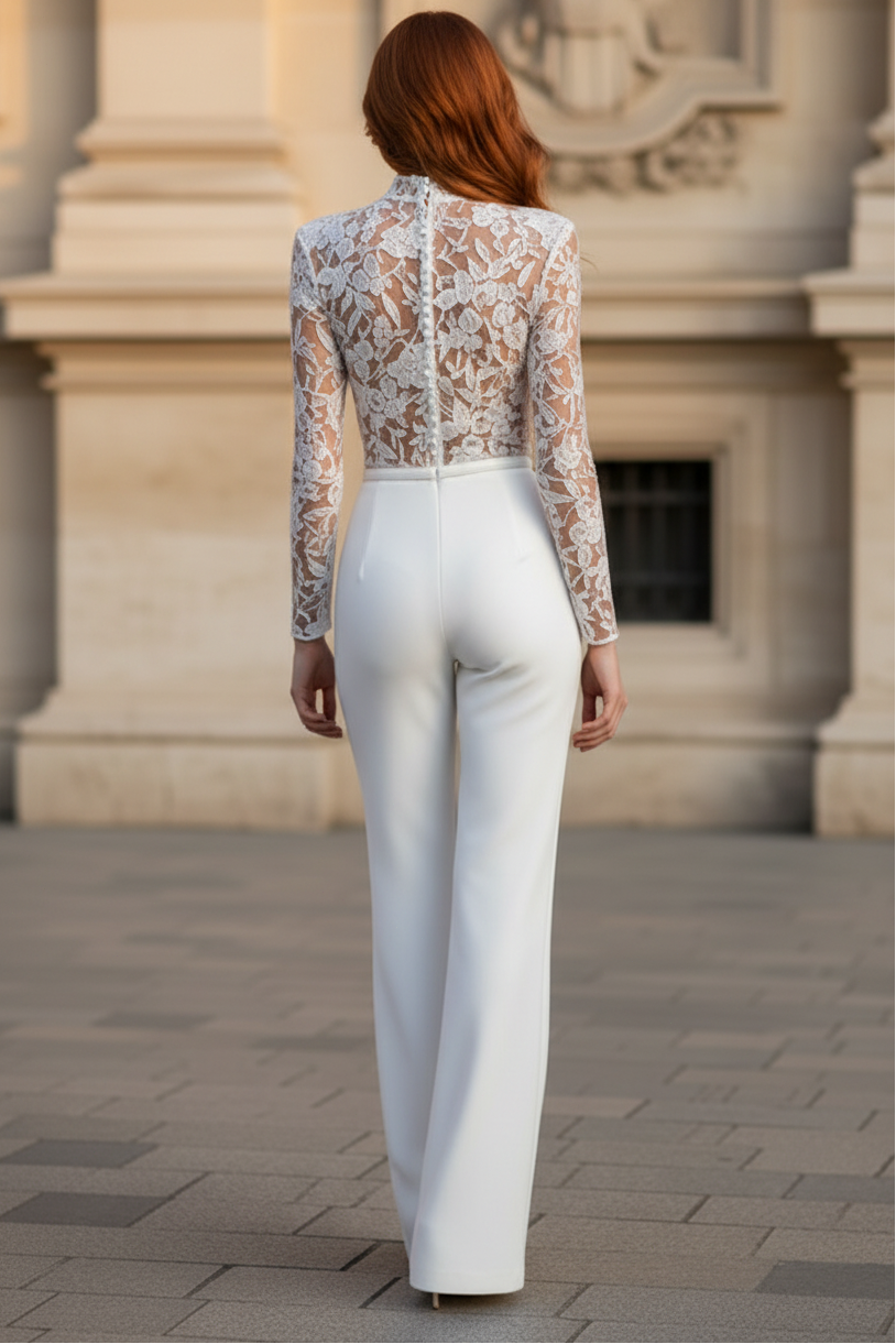 Sheer Lace Bodysuit High-Waist Wide-Leg Formal Jumpsuit in Ivory White