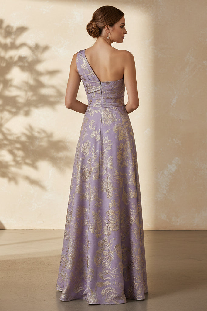One Shoulder Jacquard Maxi Dress with Ruffle