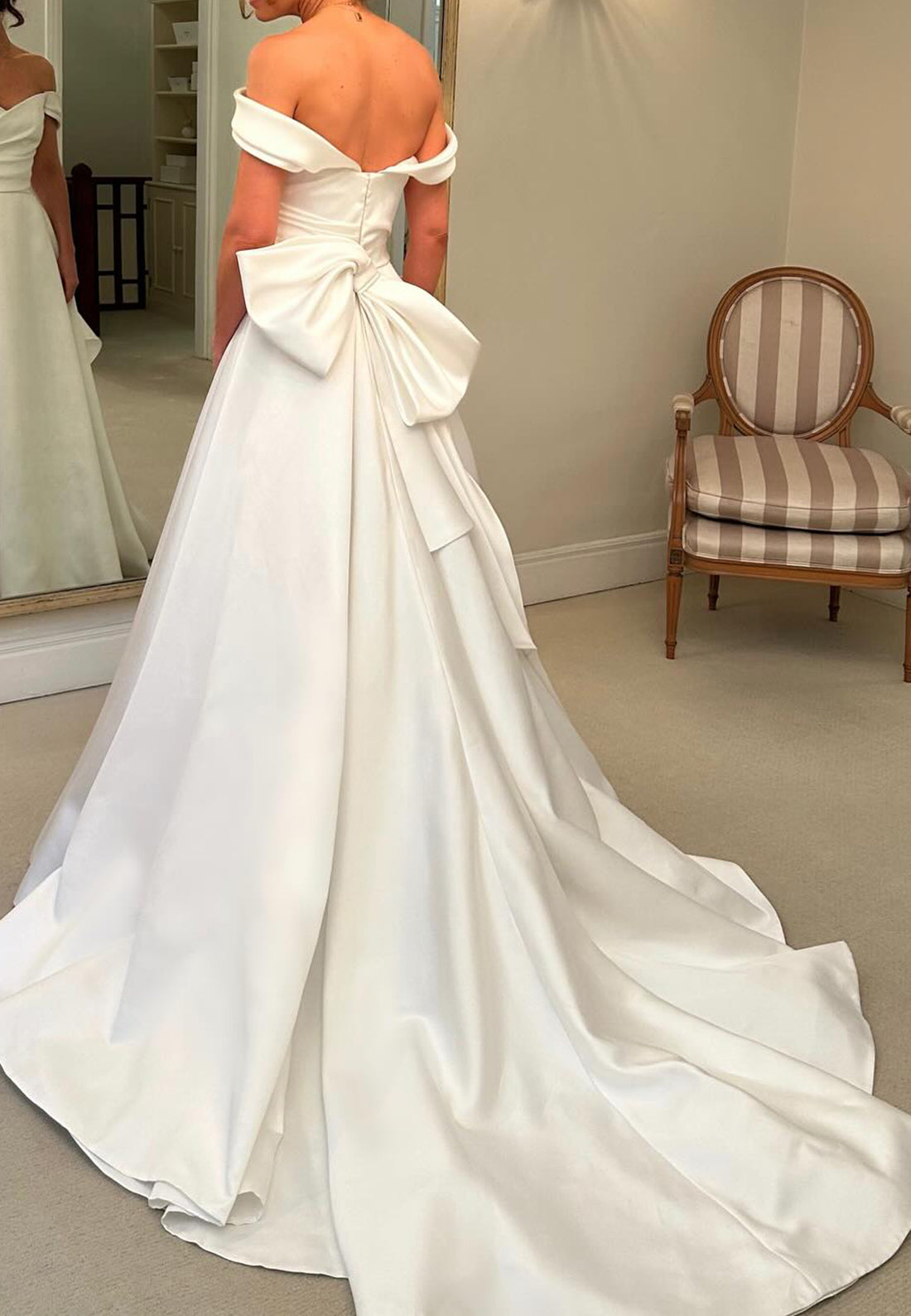 Off-the-Shoulder A-Line Gown with Back Bow
