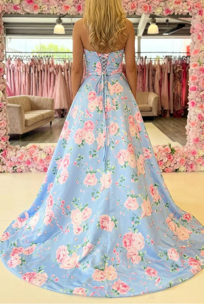 Floral Satin Ball Gown with Lace-Up Back