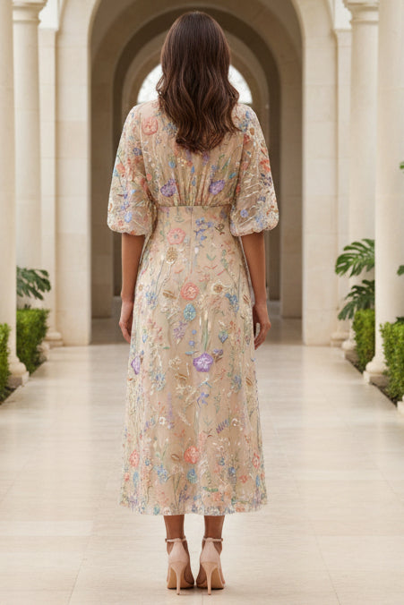 3D Floral Embroidered Elbow Sleeve Midi Dress
