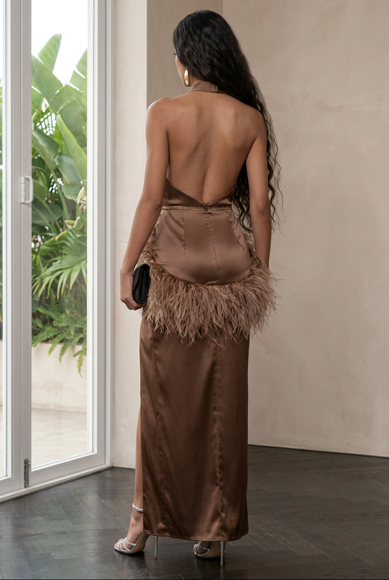 Halter Satin Maxi Dress with Feather Trim & Slit