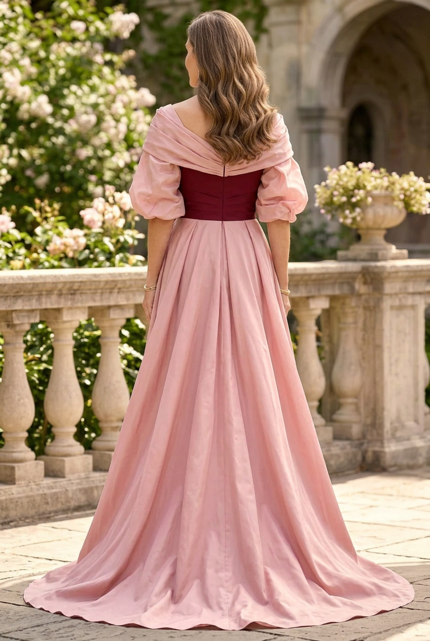 Gown with Puff Sleeves and Overskirt