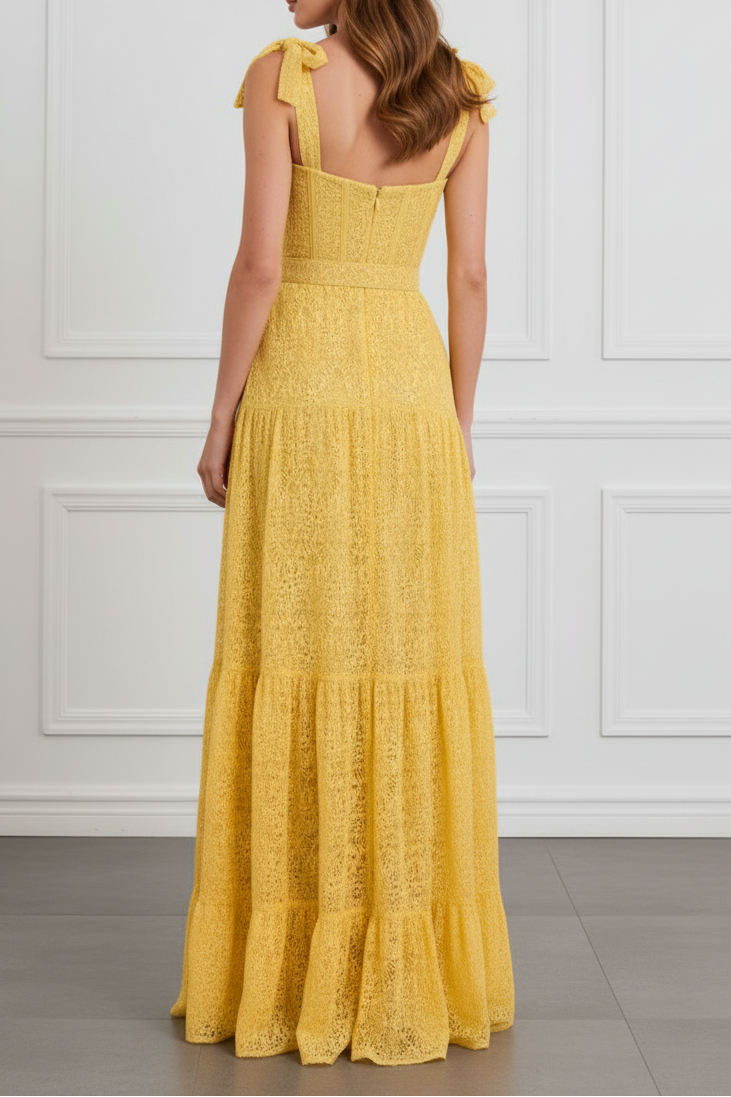 Yellow Lace Corset Belted Tiered Floor-Length Formal Gown