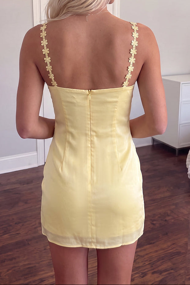 Satin Mini Dress with Floral Daisy Straps