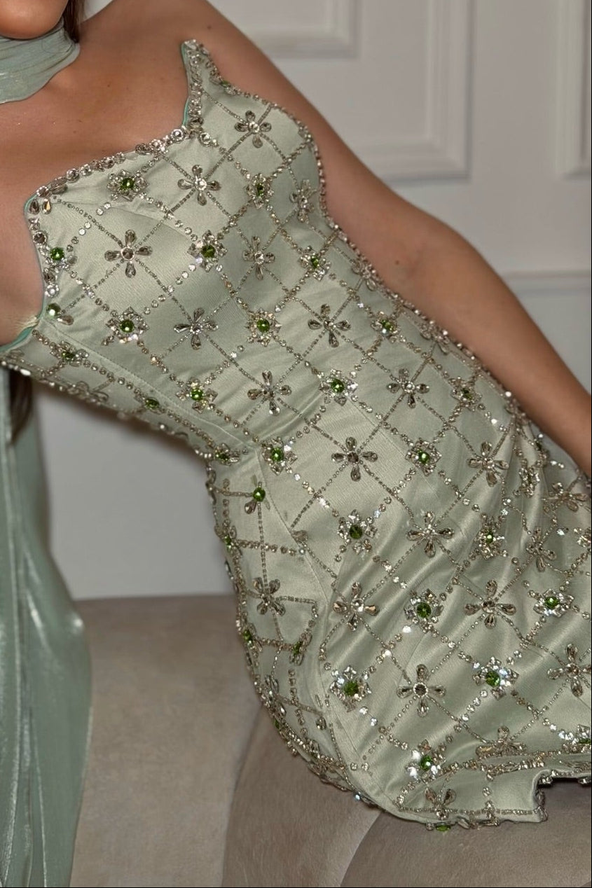Crystal Embellished Mini Dress with Cape Sleeves