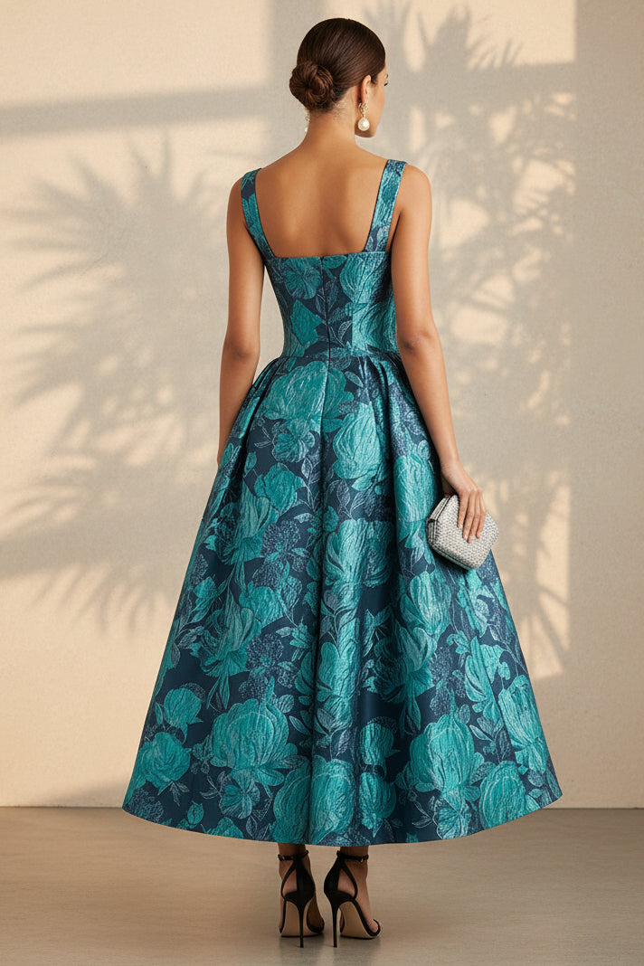 Floral Jacquard Square Neck Fit & Flare Midi Dress