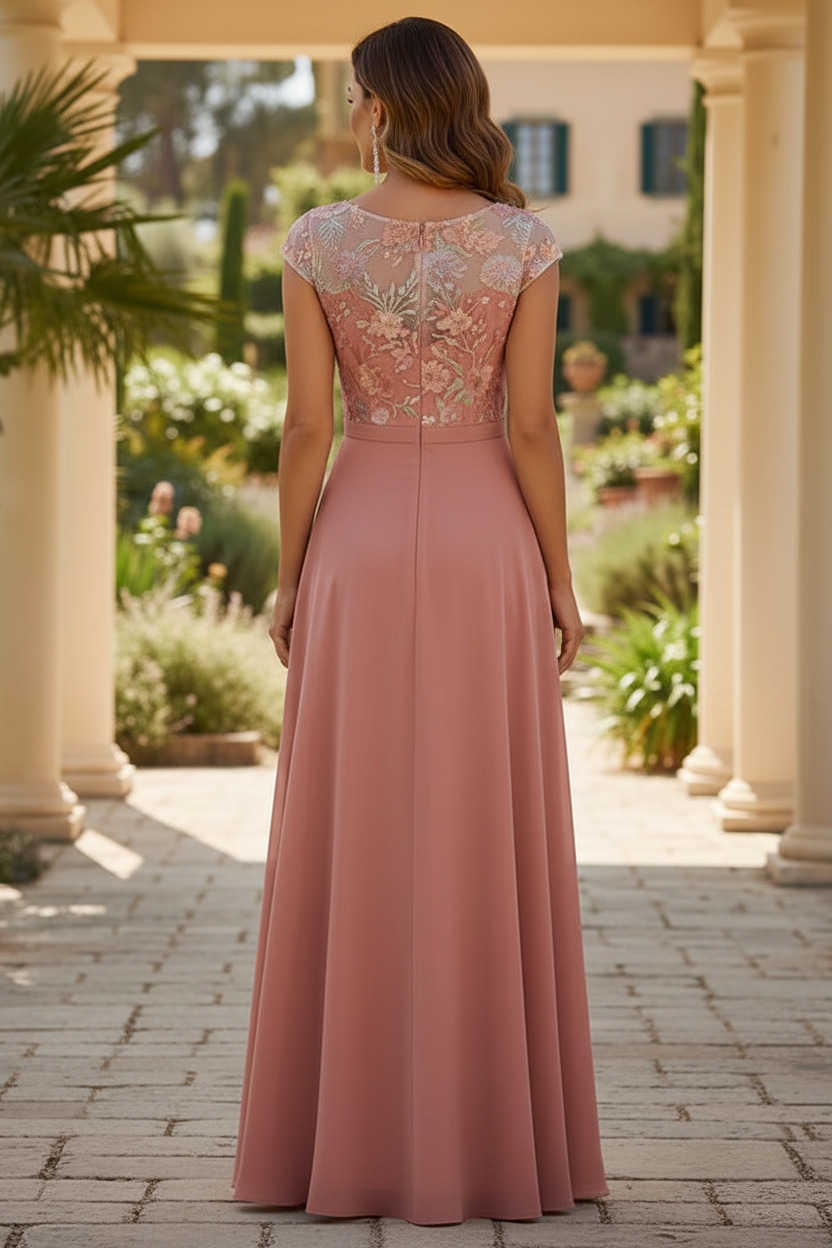 Embroidered Illusion A-Line Evening Gown with Cap Sleeves
