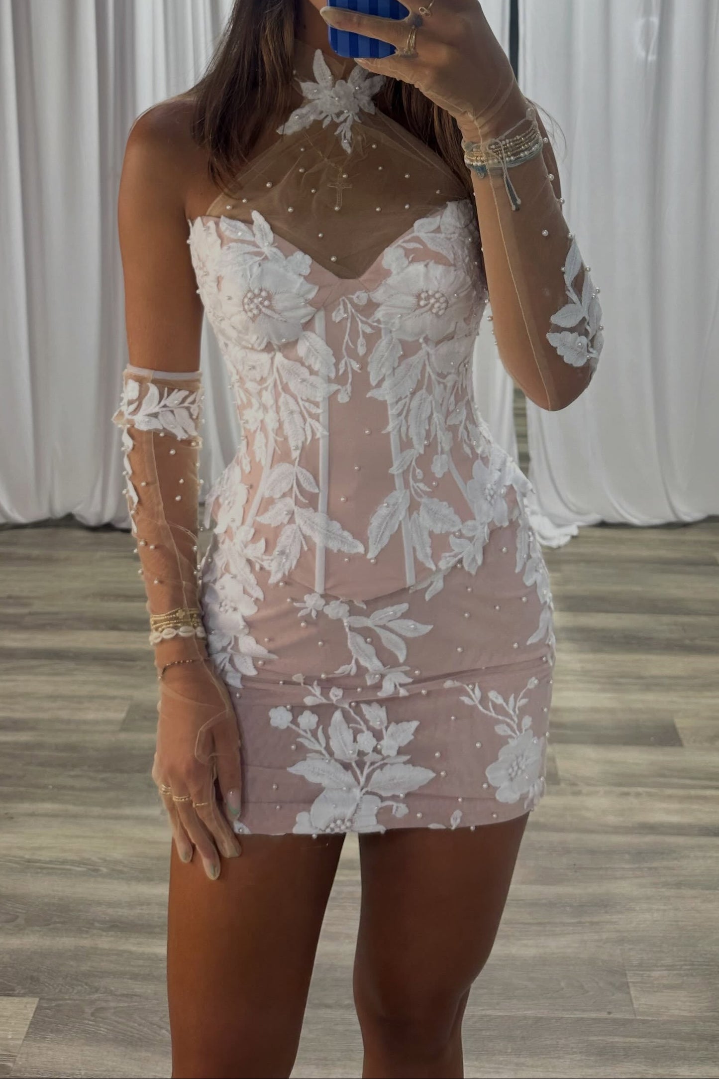 Floral Applique Illusion Mini Dress with Sleeves