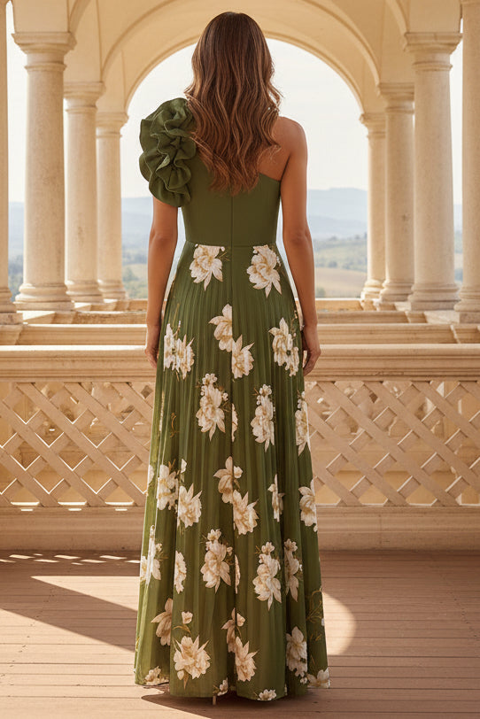 One-Shoulder Pleated Floral Maxi Dress