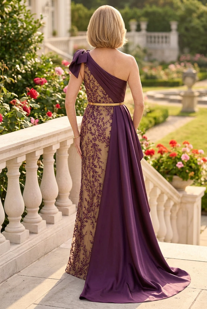 One-Shoulder Column Gown with Draped Overskirt