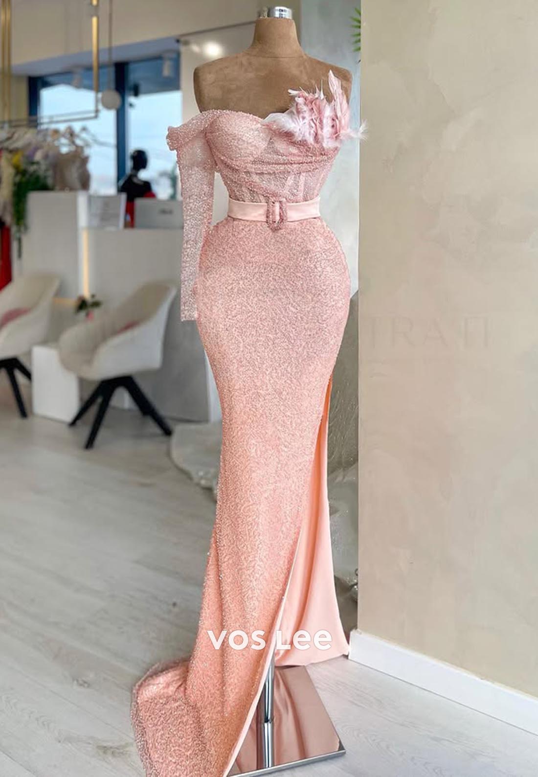 Long Sleeves Feathered Floral Embossed Formal Dresses with High Slit
