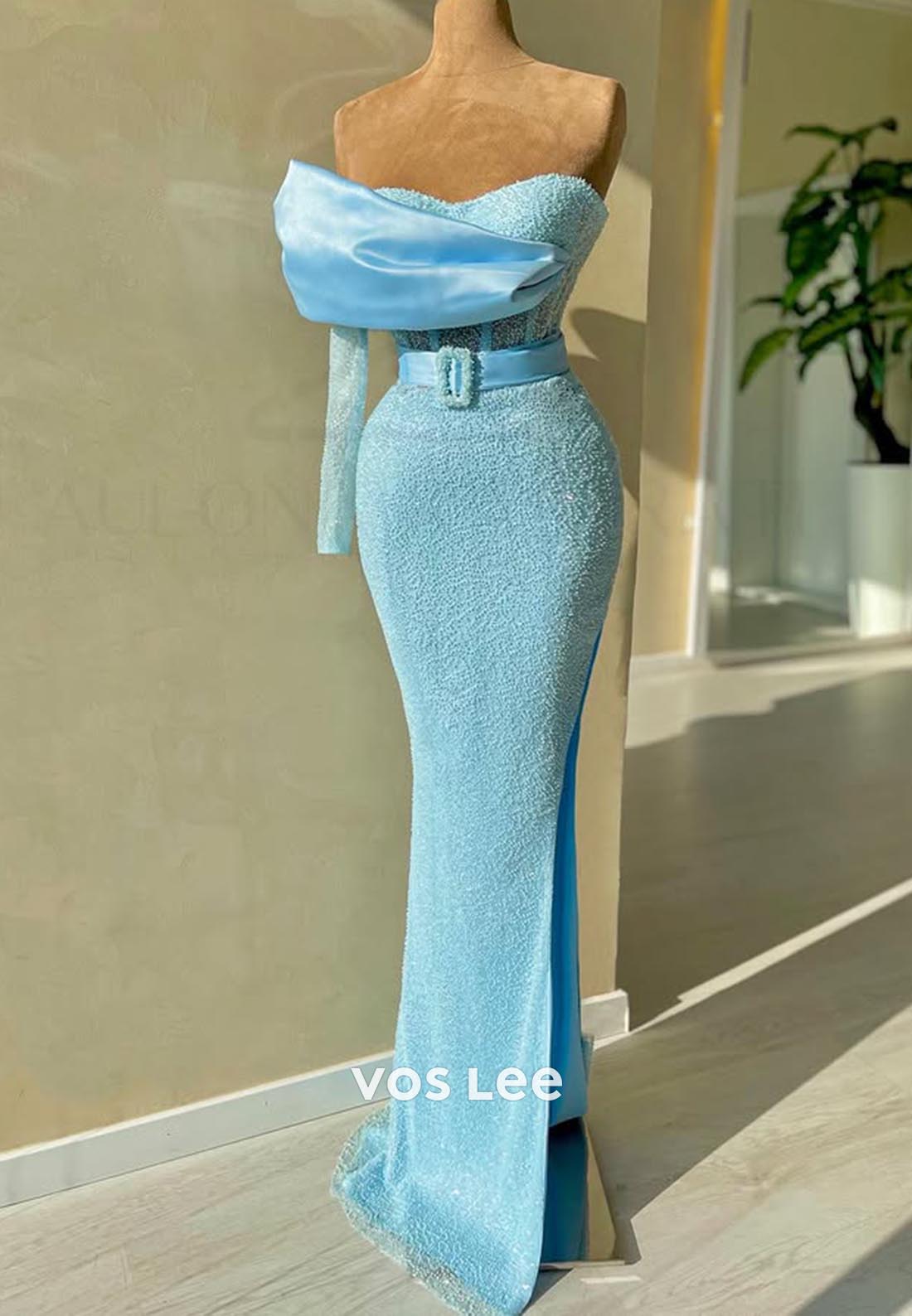 Sky Blue One Shoulder Empire Waist Lace Mermaid Formal Dresses with Belt