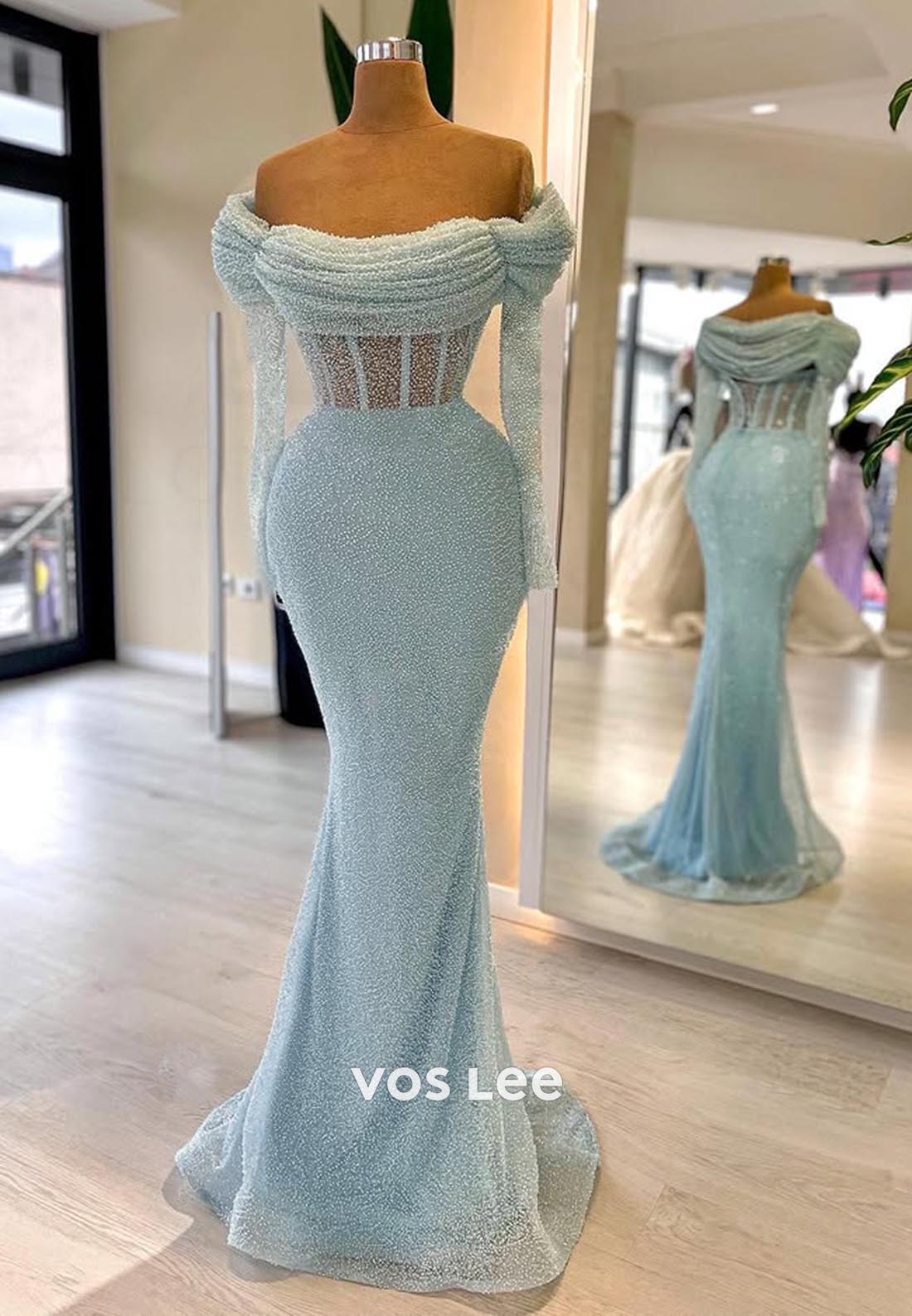 Sky Blue Long Sleeves Fully Lace Ruched Mermaid Evening Formal Dresses