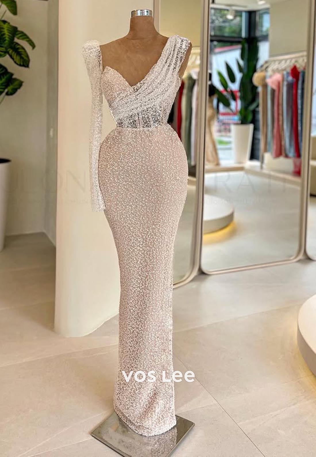 Couture V-Neckline Allover Lace Long Sleeves Mermaid Formal Dresses