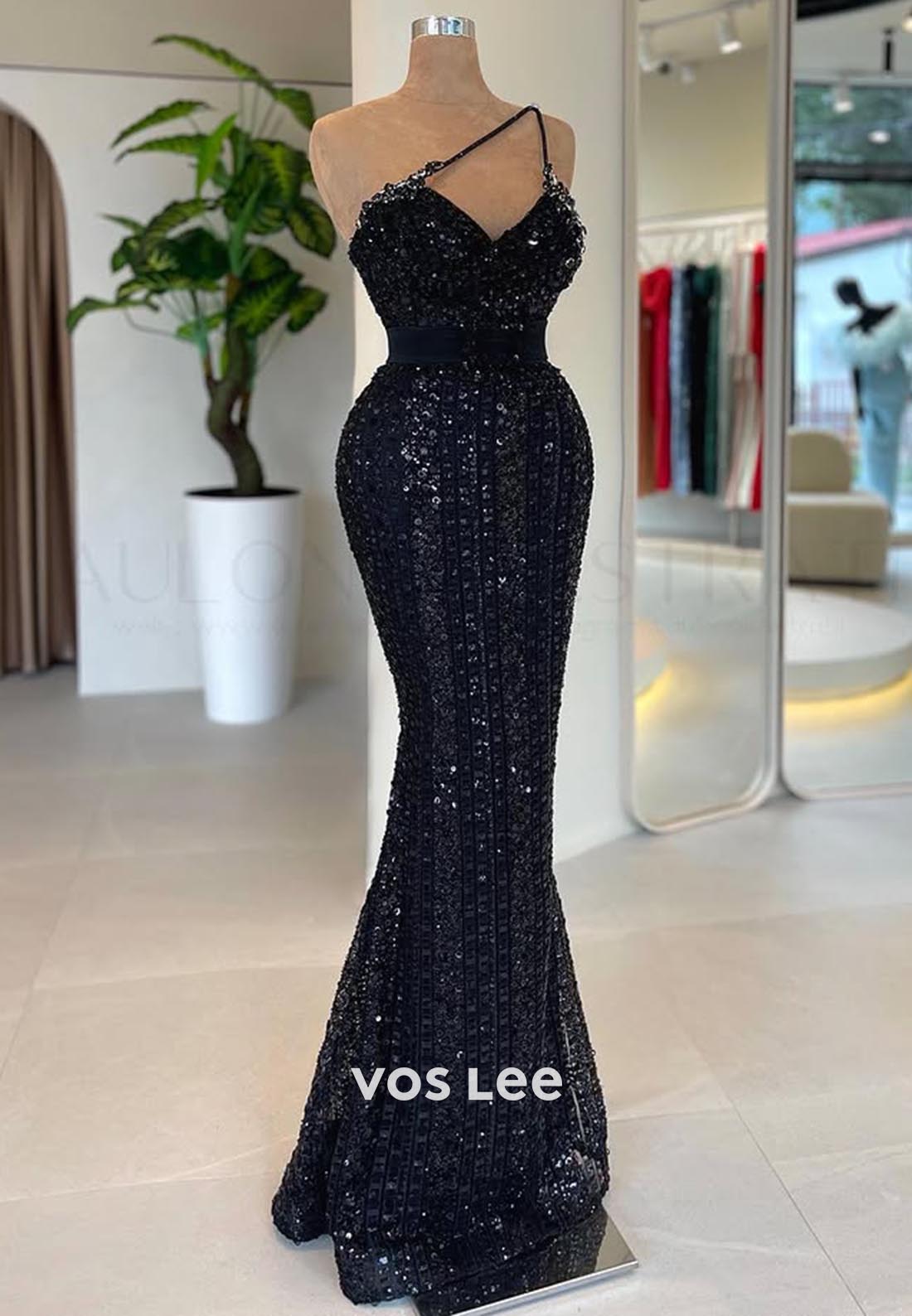Black One Shoulder Allover Sequined Rhinestone Mermaid Formal Dresses